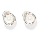 PEARL, DIAMOND AND FANCY PINK DIAMOND EARRINGS in 18ct white gold, each set with a pearl of