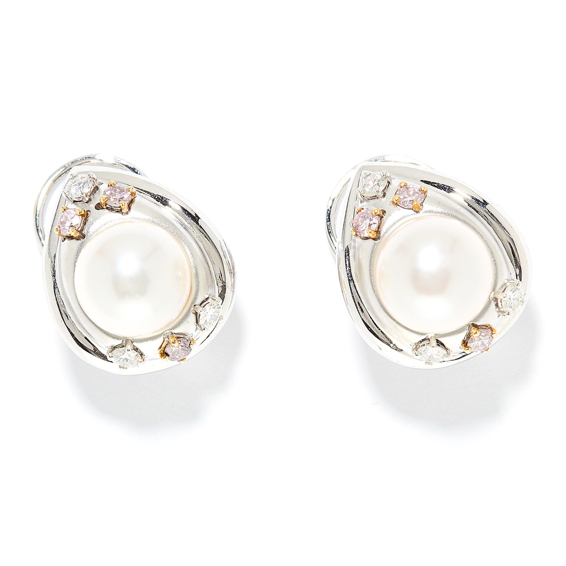 PEARL, DIAMOND AND FANCY PINK DIAMOND EARRINGS in 18ct white gold, each set with a pearl of