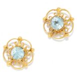 AQUAMARINE EARRINGS in high carat yellow gold, each set with a round cut aquamarine in openwork