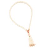 CORAL AND PEARL BEAD NECKLACE in yellow gold, set with six strands of pearls and coral beads,