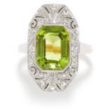 ANTIQUE ART DECO PERIDOT AND DIAMOND RING in yellow gold and platinum, the emerald cut peridot