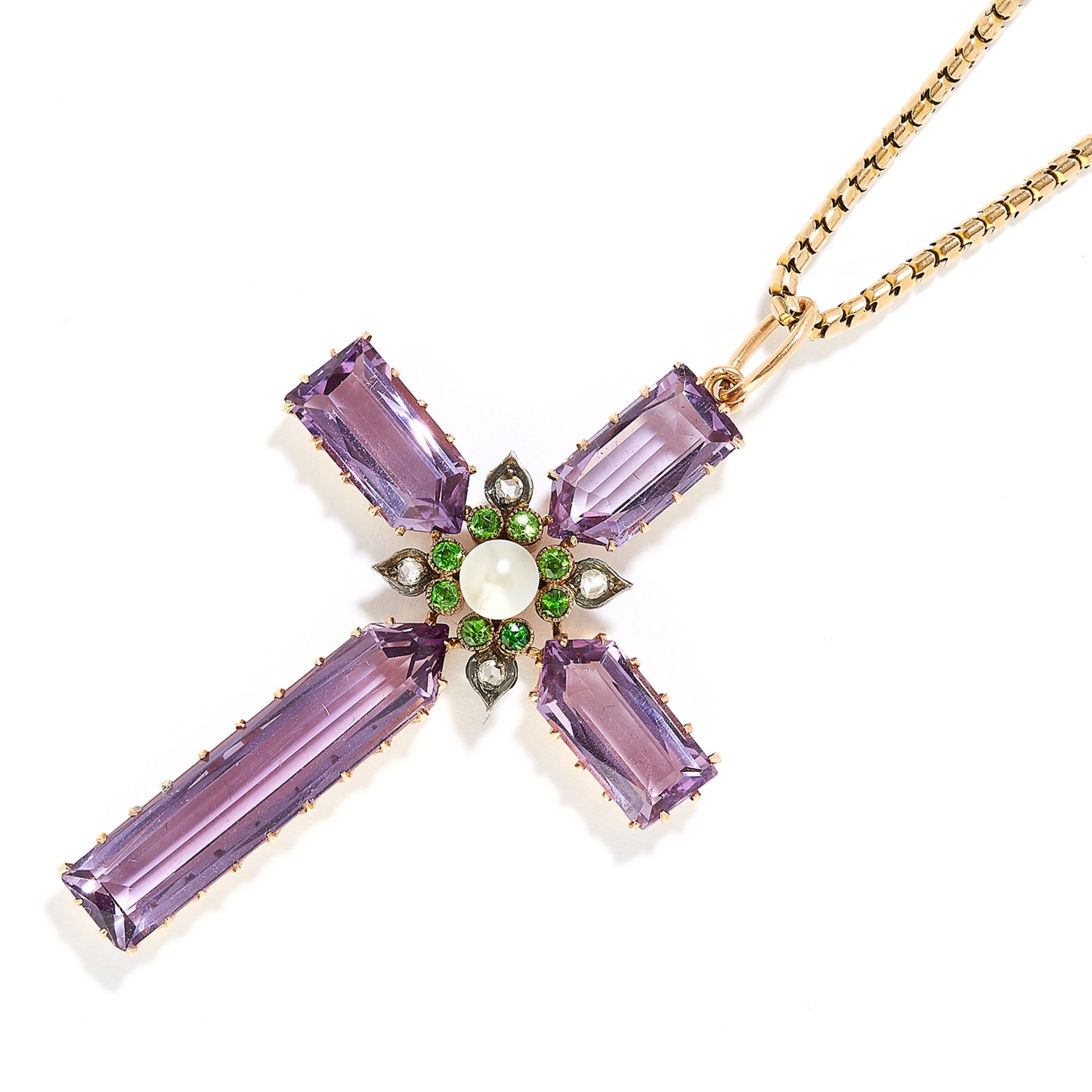 ANTIQUE AMETHYST, DEMANTOID GARNET, DIAMOND AND PEARL CROSS PENDANT in yellow gold, in cross form