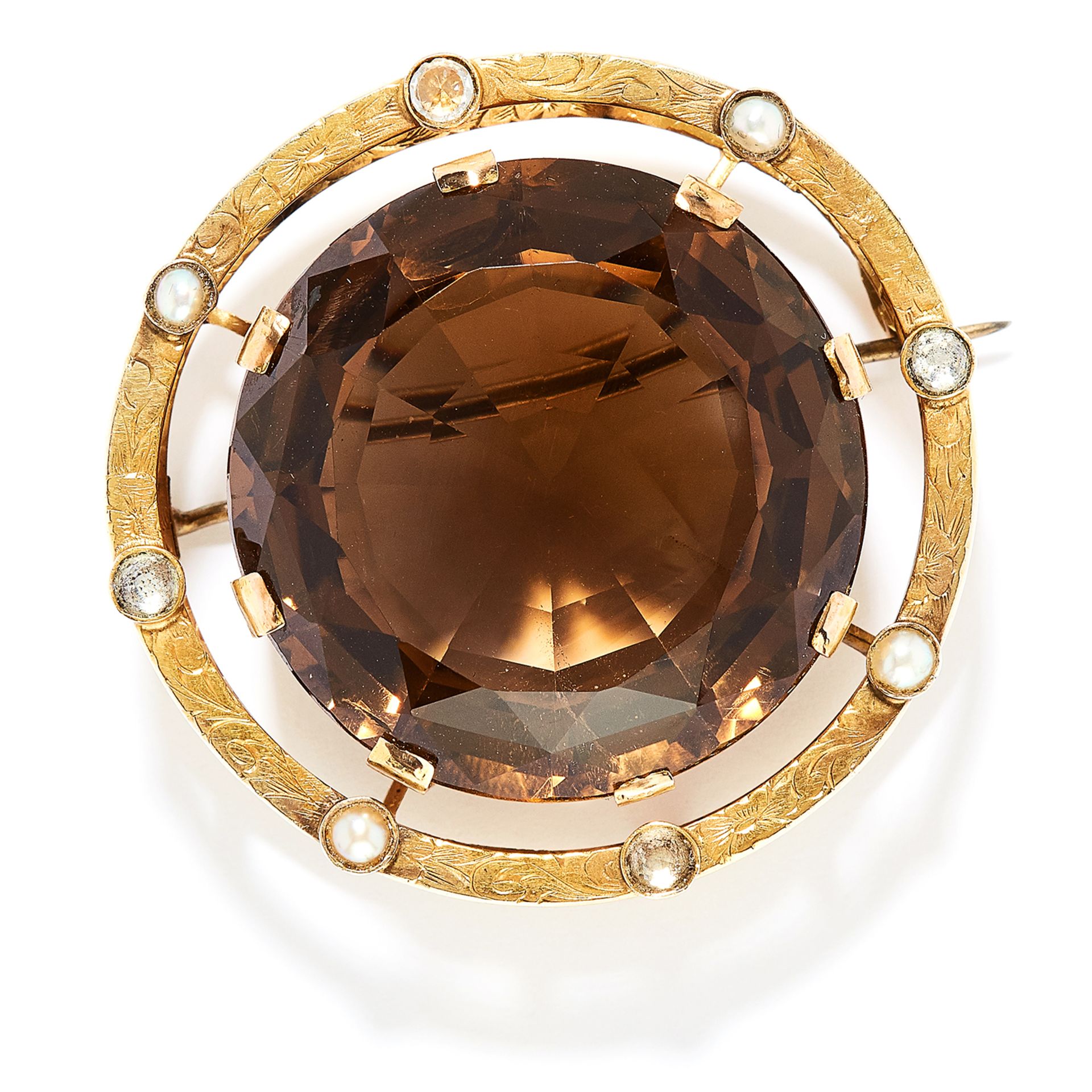 ANTIQUE SMOKY QUARTZ, PEARL AND DIAMOND BROOCH in high carat yellow gold, set with a round cut