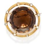 ANTIQUE SMOKY QUARTZ, PEARL AND DIAMOND BROOCH in high carat yellow gold, set with a round cut