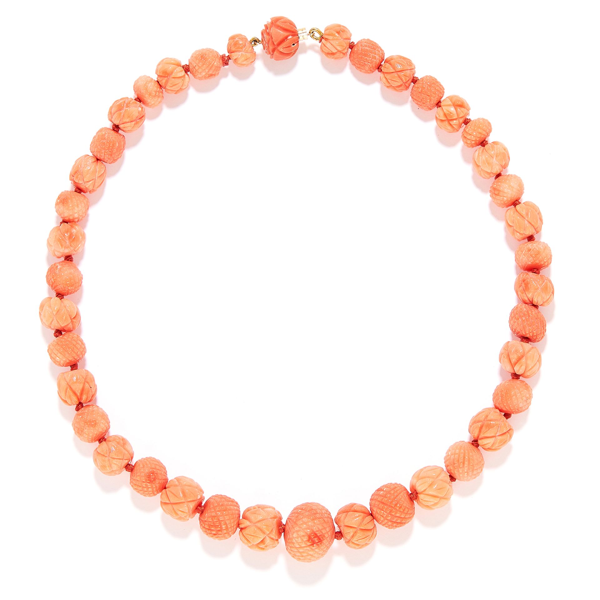 CARVED CORAL BEAD NECKLACE in yellow gold, comprising of a single strand of carved coral beads,