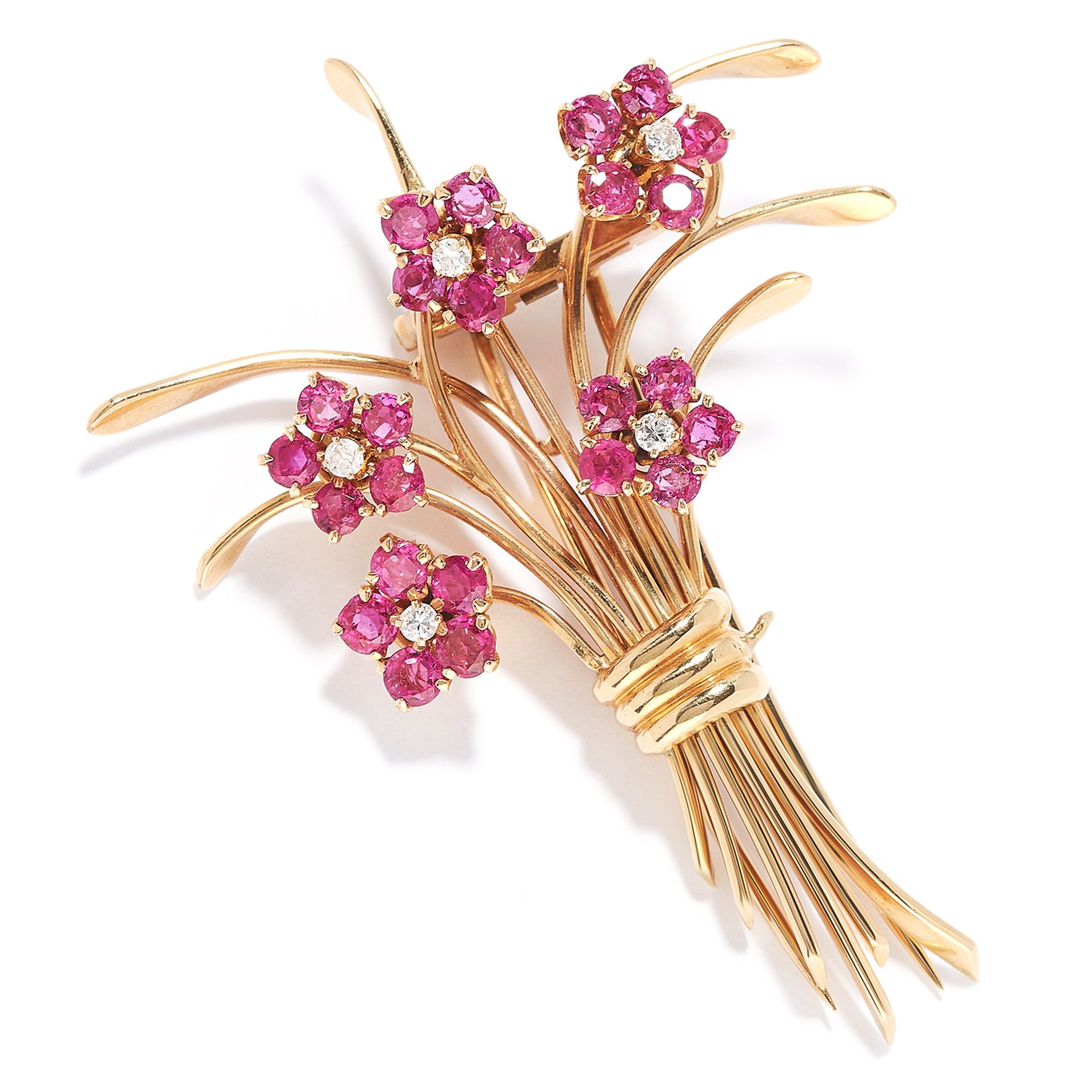 VINTAGE RUBY AND DIAMOND FORGET ME NOT FLOWER BROOCH BROOCH, ATTRIBUTED VAN CLEEF & ARPELS in high