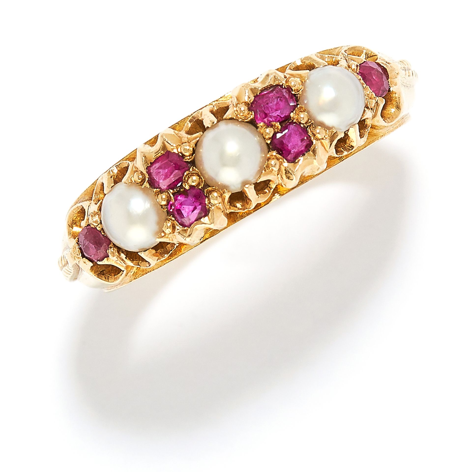 ANTIQUE PEARL AND RUBY RING in 15ct yellow gold, set with alternating seed pearls and cushion cut