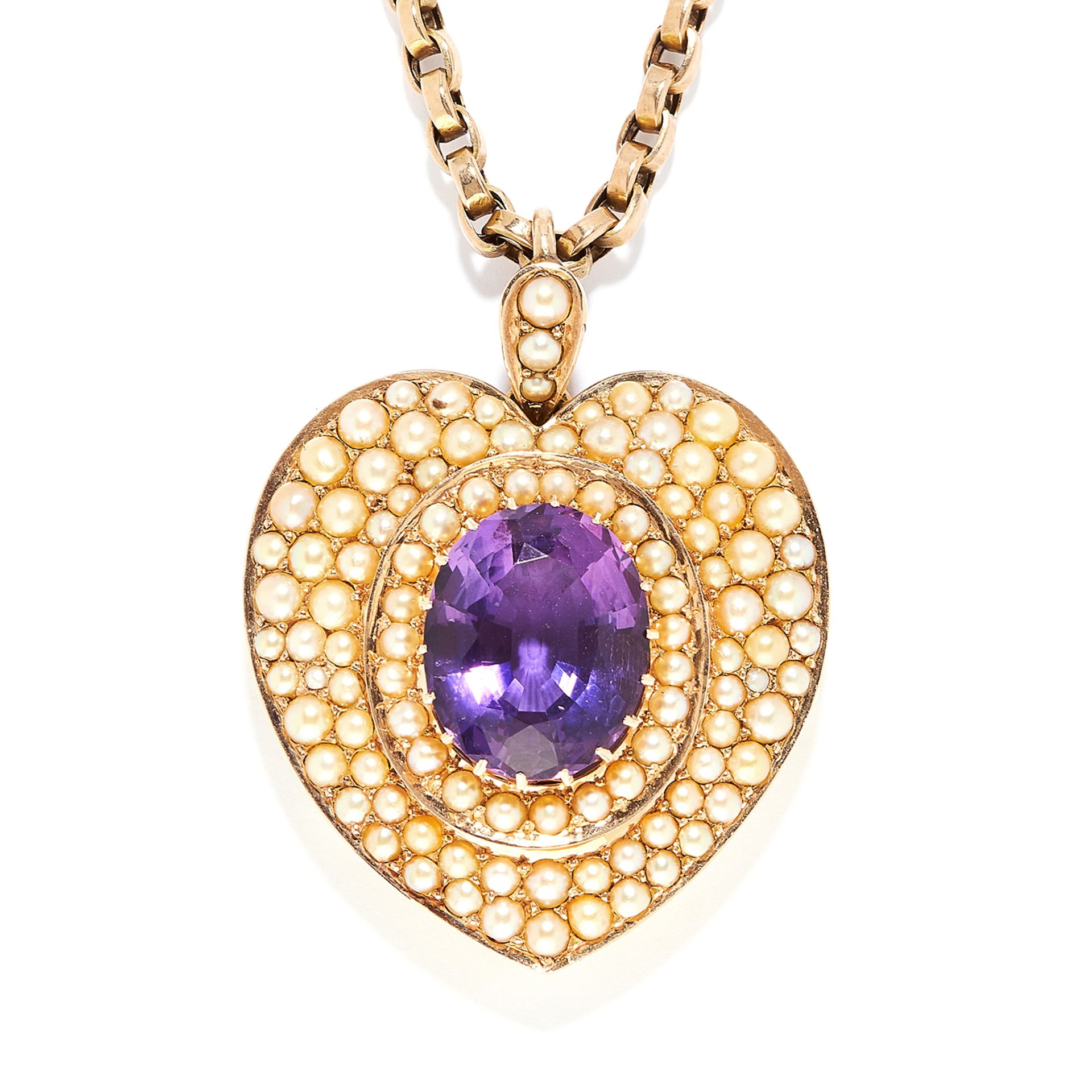 ANTIQUE PEARL AND AMETHYST MOURNING LOCKET / PENDANT in high carat yellow gold, in heart form set