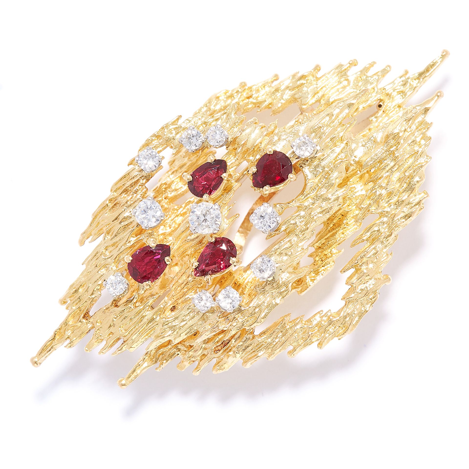 RUBY AND DIAMOND BROOCH / PENDANT, CIRCA 1976 in 18ct yellow gold, in abstract design, jewelled with