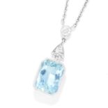 ART DECO AQUAMARINE AND DIAMOND PENDANT in platinum or white gold, the mixed cut aquamarine of 2.