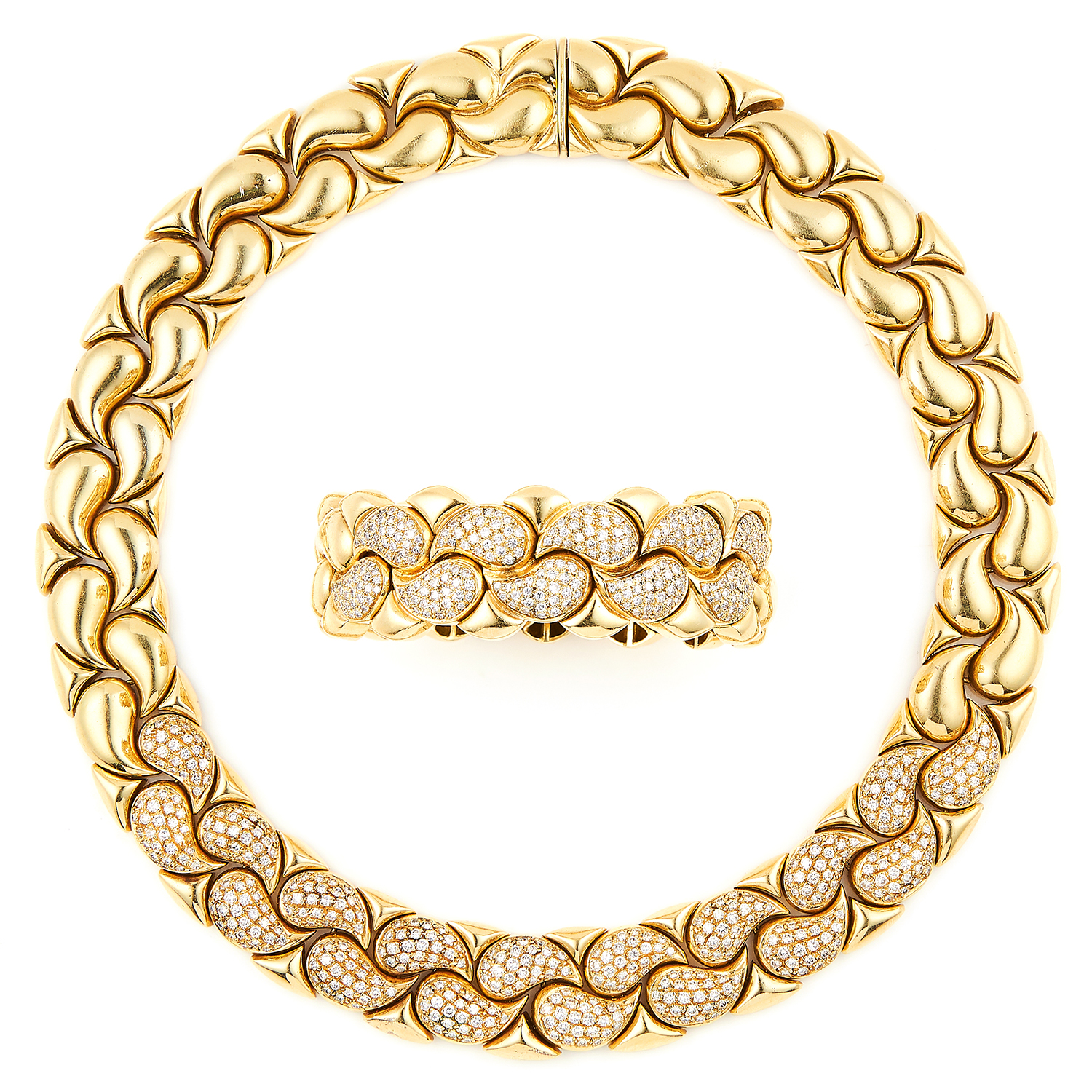 'CASMIR' DIAMOND NECKLACE AND BRACELET SUITE in 18ct yellow gold, in the style of Chopard, each