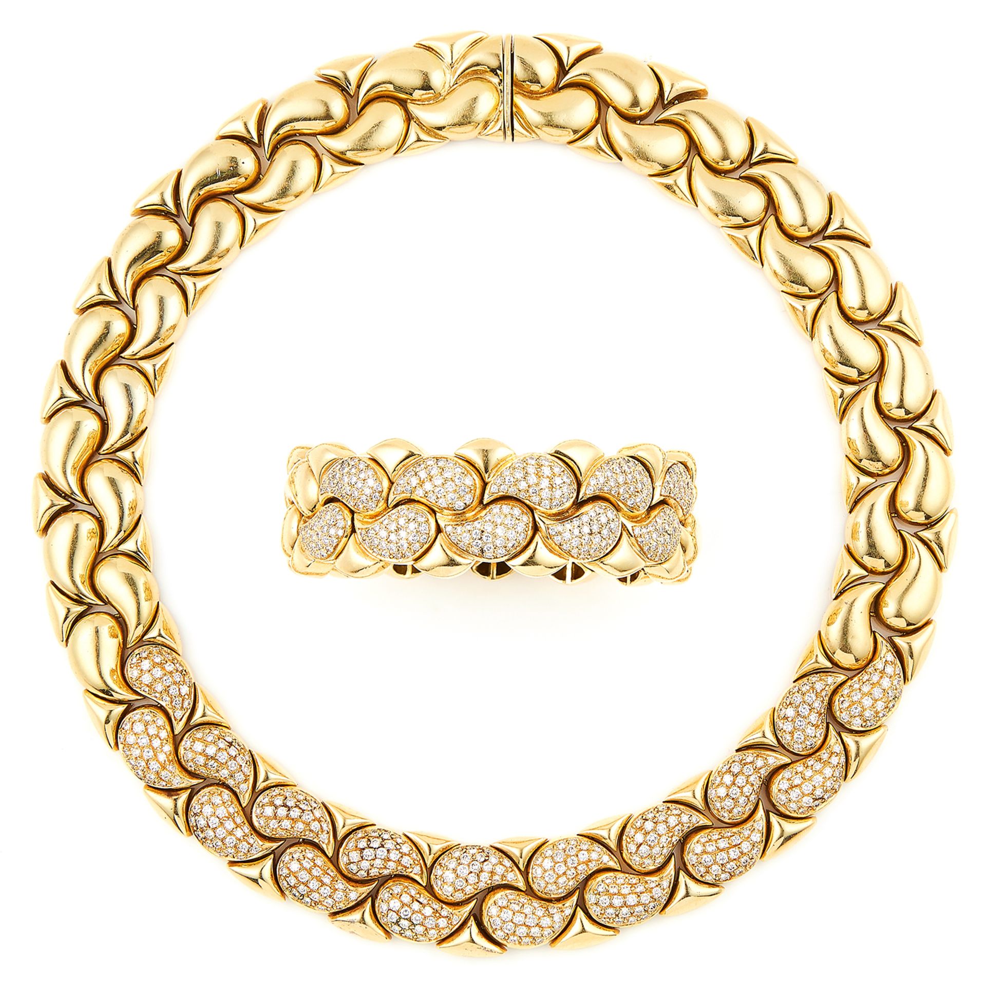 'CASMIR' DIAMOND NECKLACE AND BRACELET SUITE in 18ct yellow gold, in the style of Chopard, each