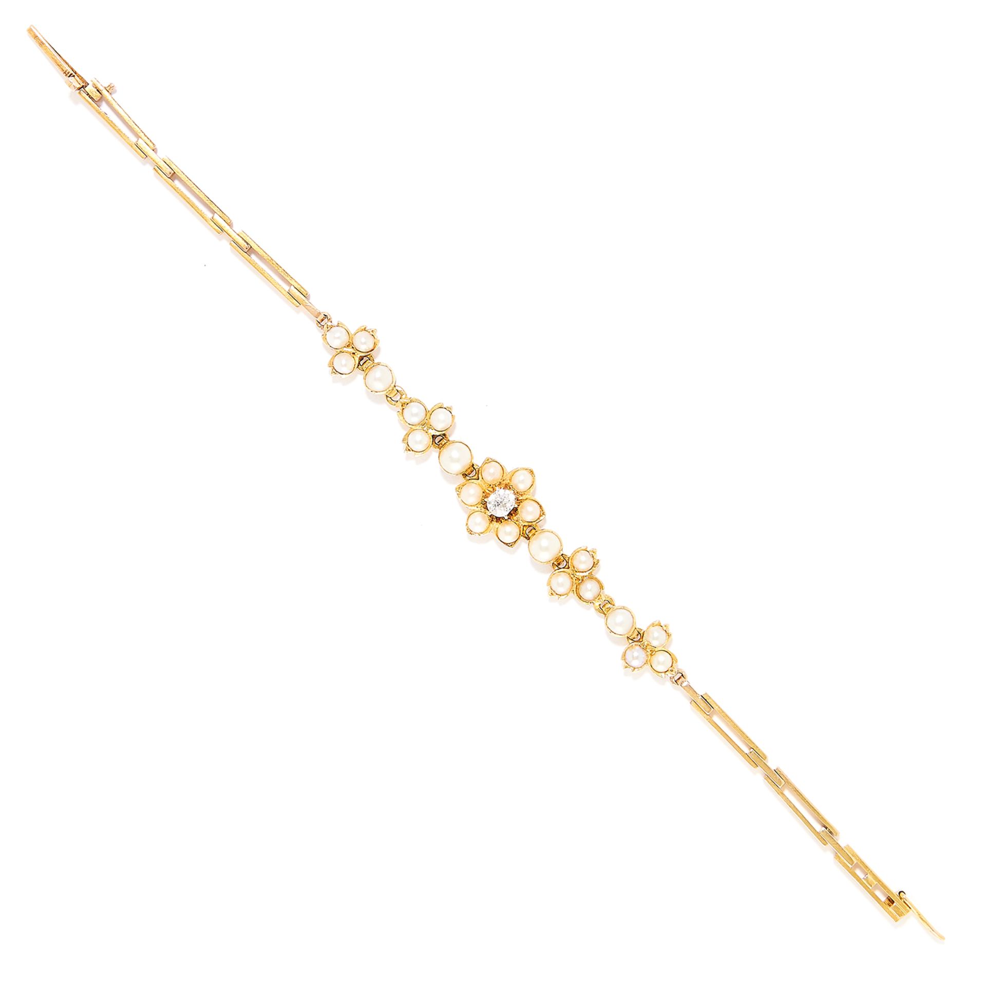 ANTIQUE SEED PEARL AND DIAMOND BRACELET in high carat yellow gold, in foliate motif set with seed