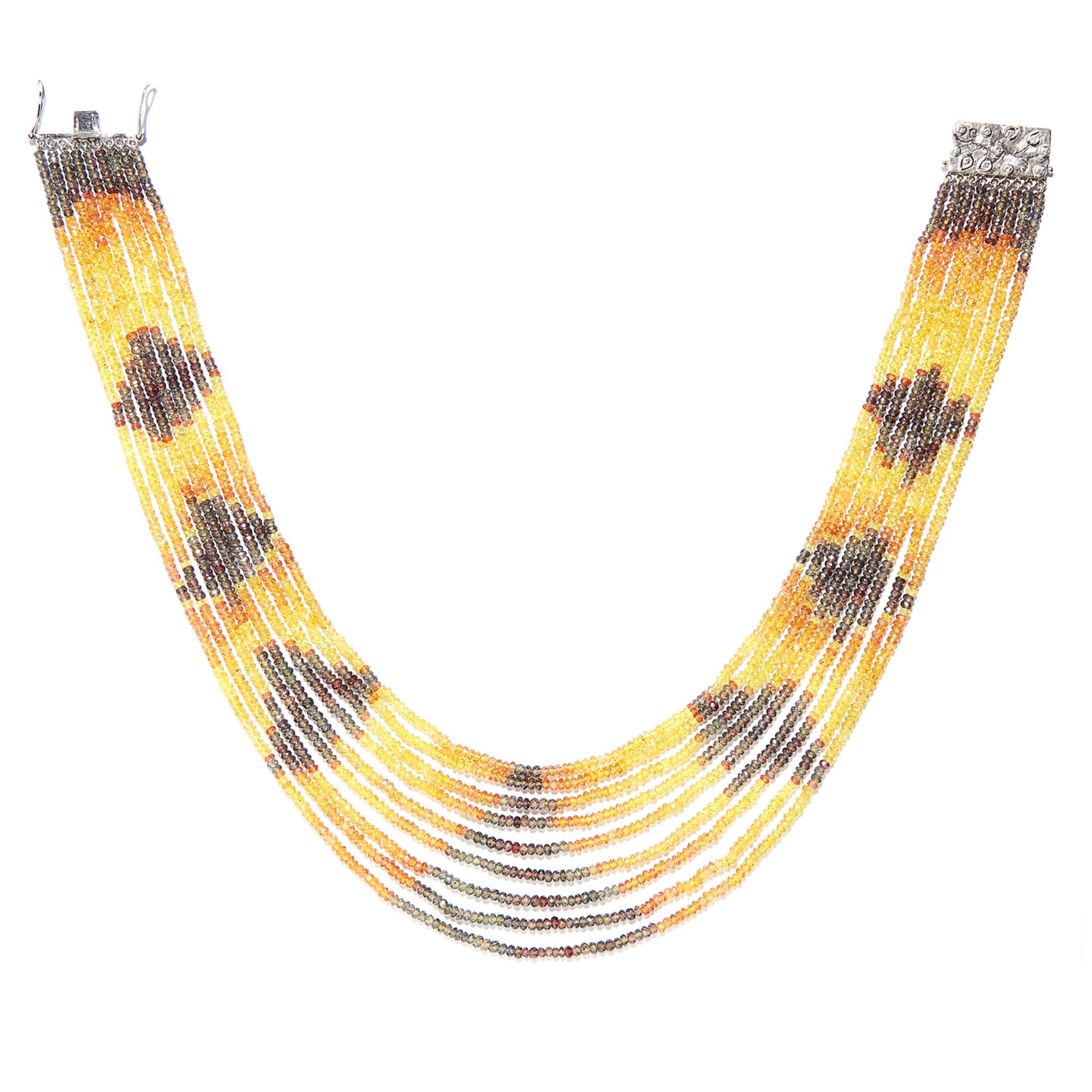 NINE STRAND SAPPHIRE BEAD AND DIAMOND NECKLACE in 18ct white gold, comprising of nine strands of