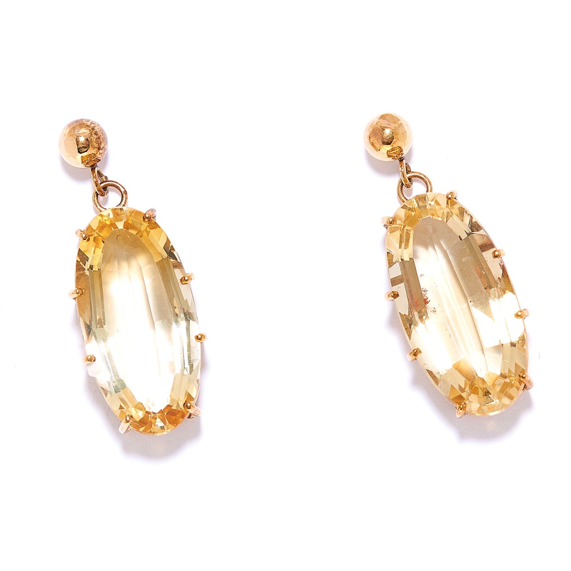 ANTIQUE IMPERIAL TOPAZ DROP EARRINGS in yellow gold, each comprising of a gold ball suspending an