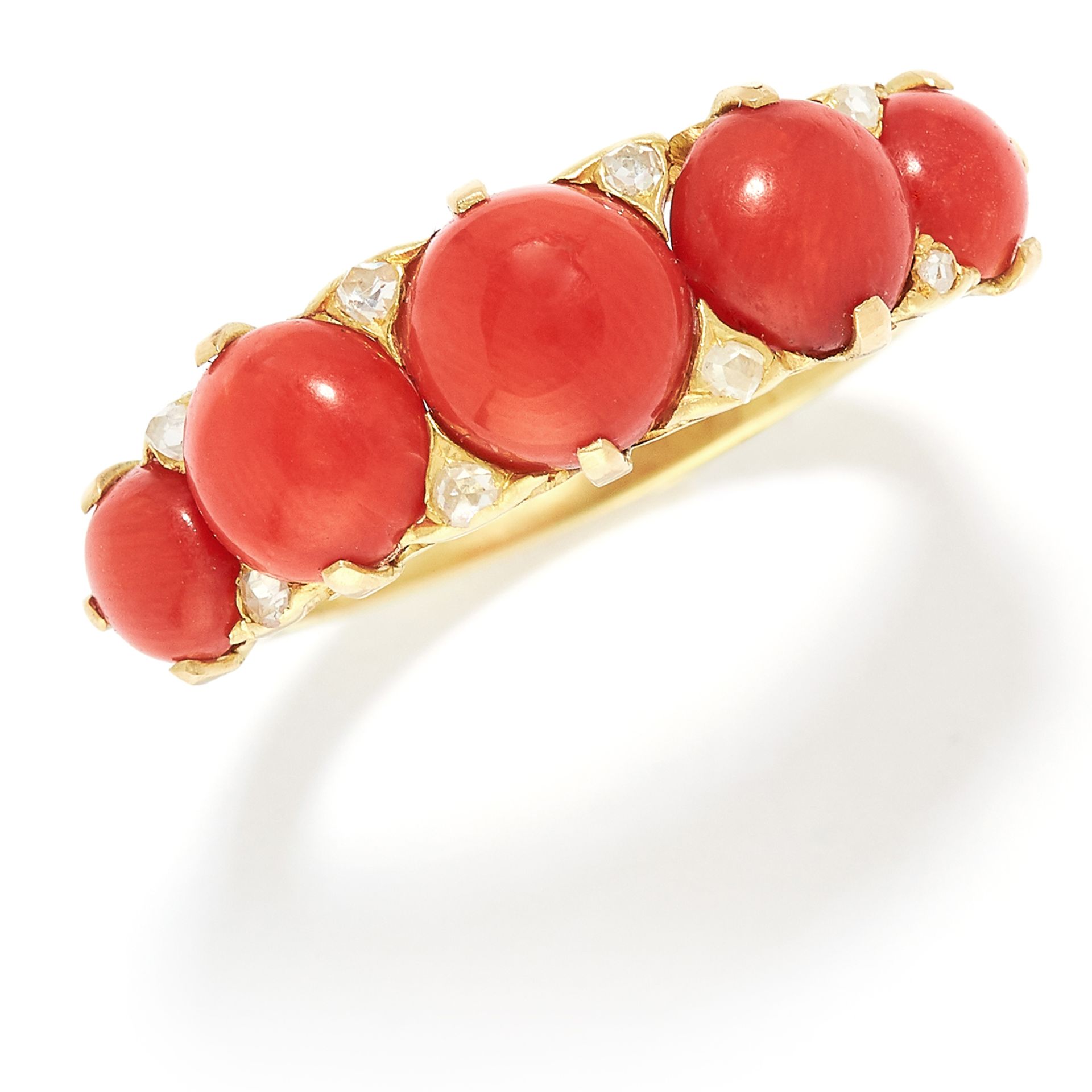 CORAL AND DIAMOND FIVE STONE RING in yellow gold, comprising of five cabochon coral with rose cut