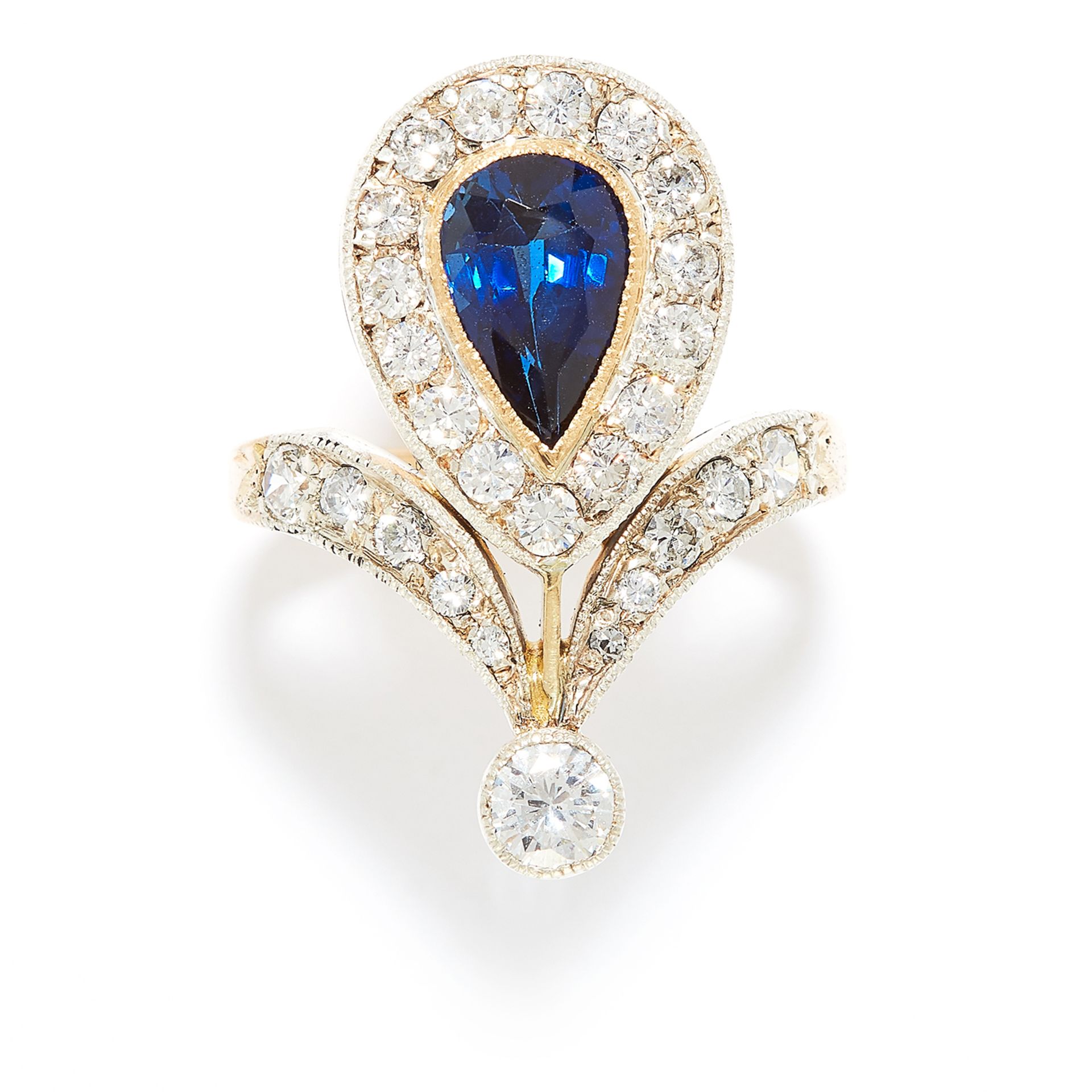 ANTIQUE SAPPHIRE AND DIAMOND RING in 18ct yellow gold and silver, the pear shaped sapphire of 1.72