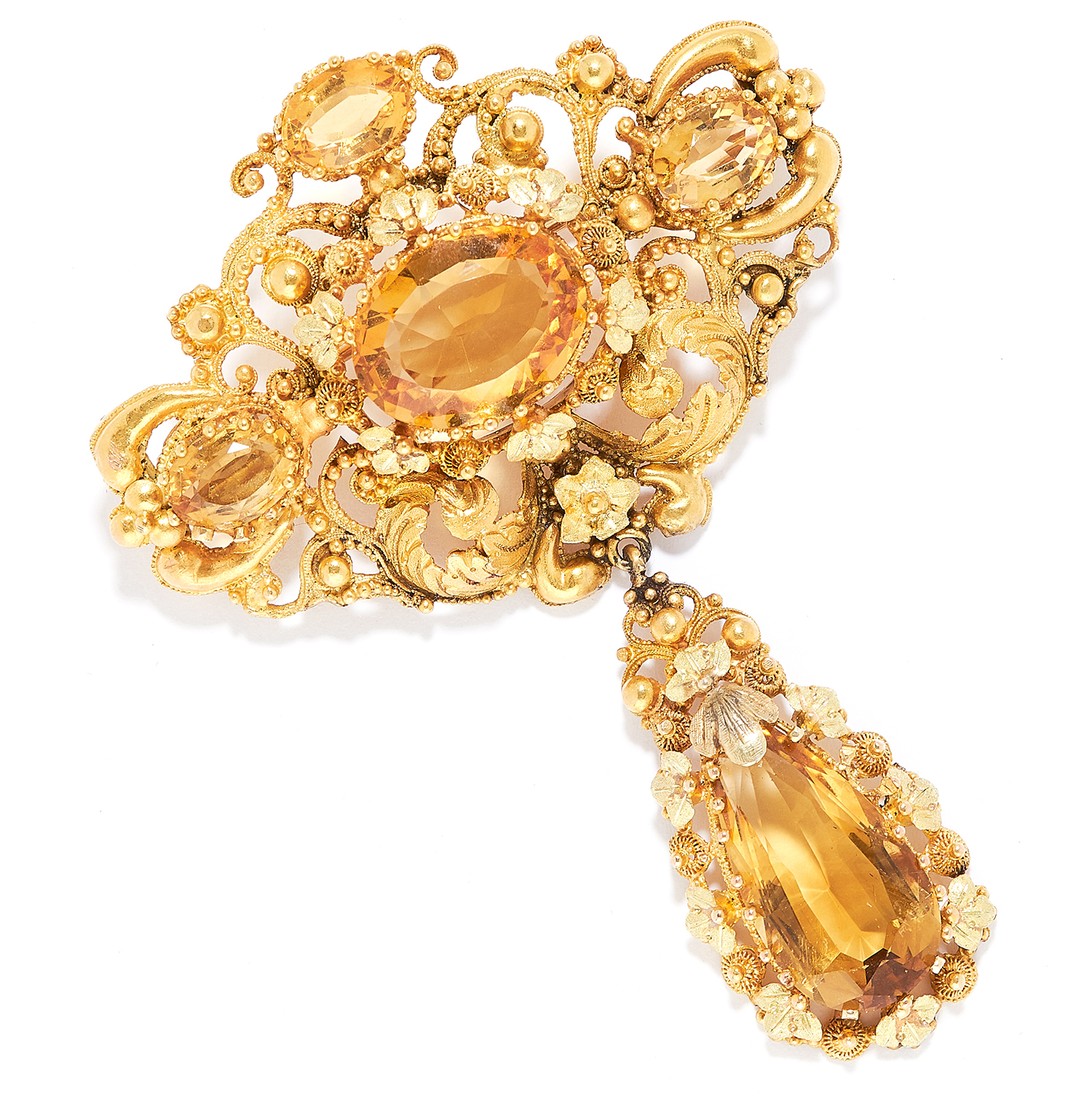 ANTIQUE CITRINE BROOCH, 19TH CENTURY in high carat yellow gold, set with four oval cut citrines,