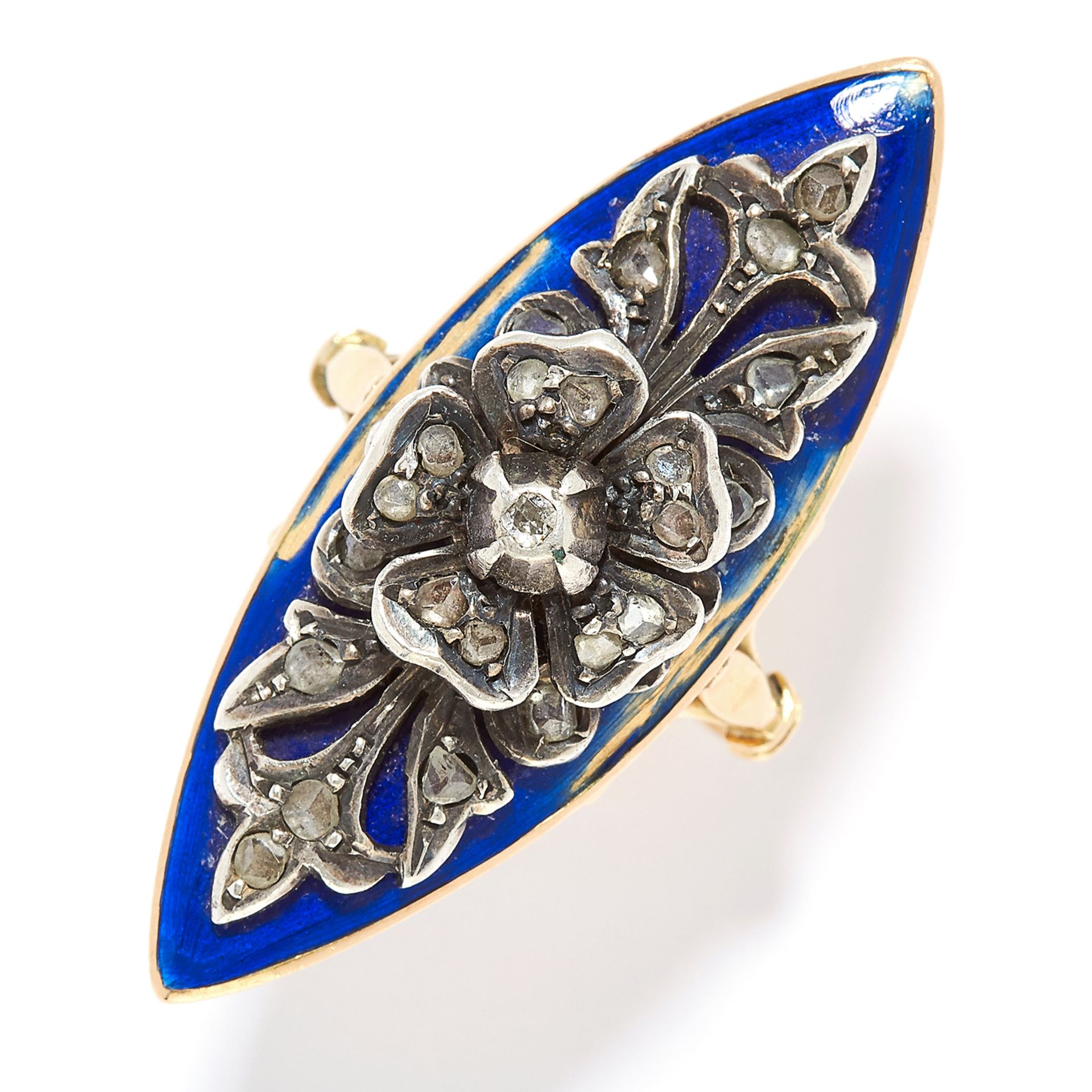 ANTIQUE DIAMOND AND ENAMEL RING, 19TH CENTURY in 18ct yellow gold, the marquise face is set with