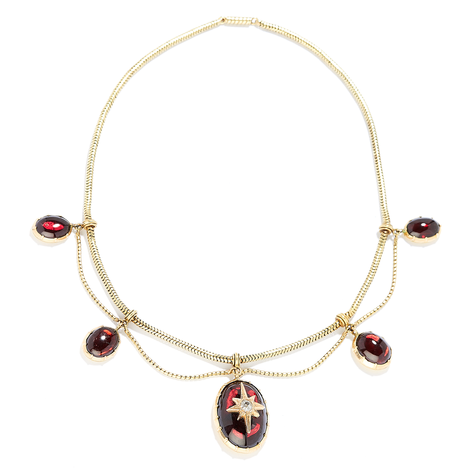 ANTIQUE DIAMOND AND GARNET NECKLACE, 19TH CENTURY in high carat yellow gold, the articulated snake