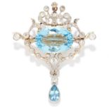 ANTIQUE 8.92 CARAT AQUAMARINE AND DIAMOND BROOCH in gold, comprising of an oval and pear cut