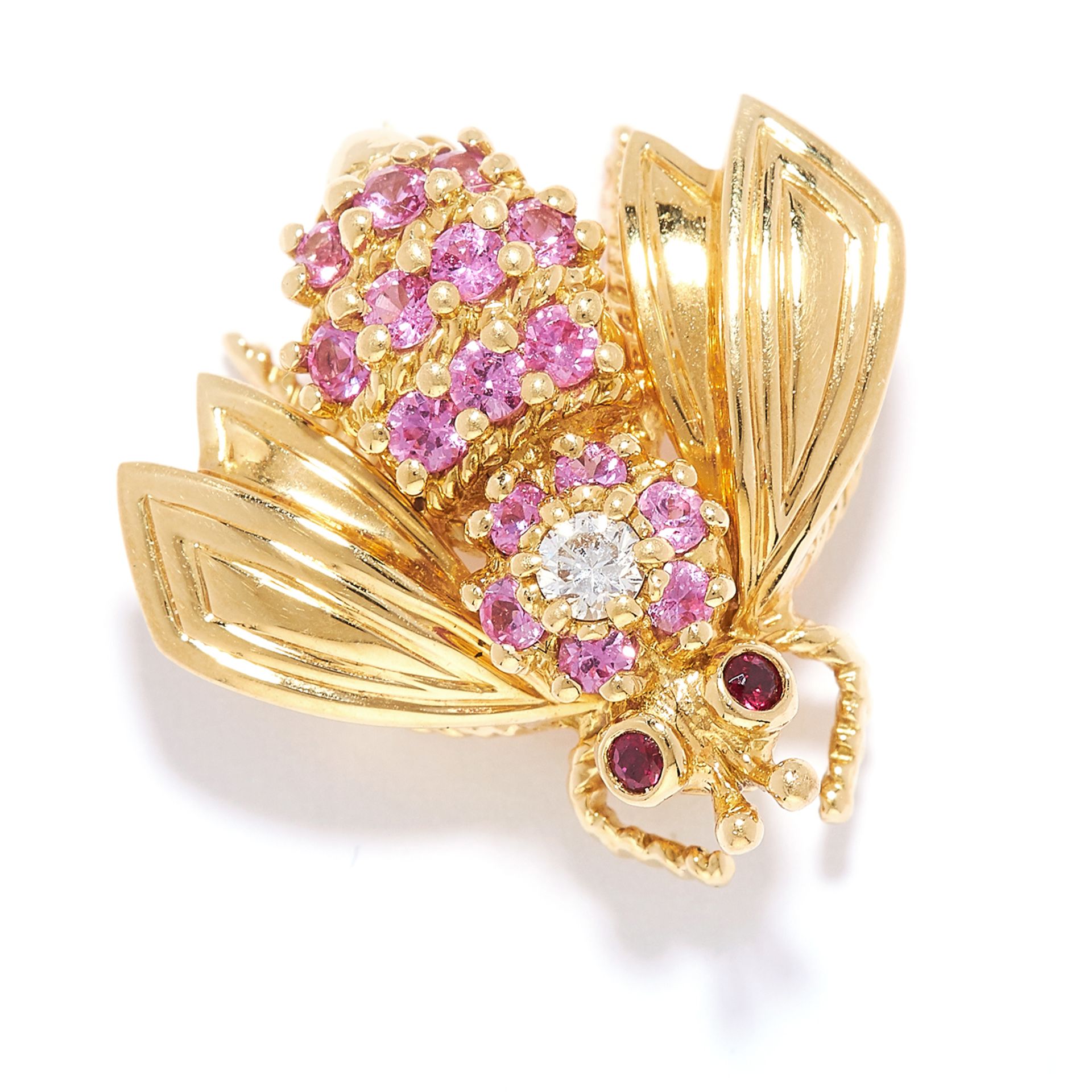 PINK SAPPHIRE, RUBY AND DIAMOND BEE BROOCH, TIFFANY & CO in 18ct yellow gold, depicting a bee, set