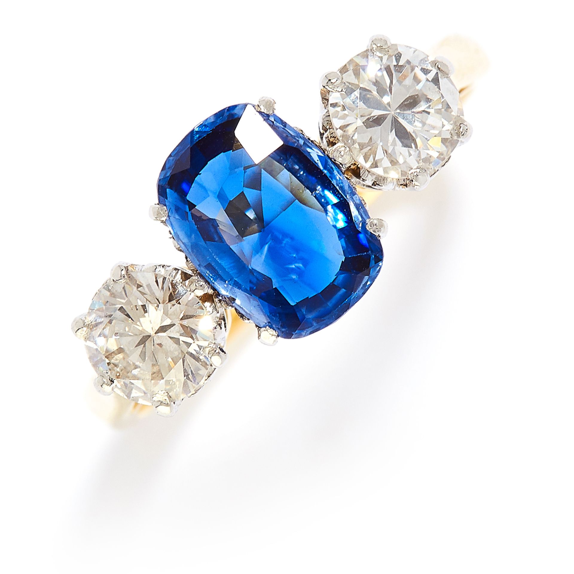 1.48 CARAT SAPPHIRE AND DIAMOND THREE STONE RING in 18ct yellow gold, set with an oval cushion cut