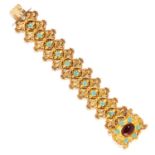 ANTIQUE GARNET AND TURQUOISE FANCY LINK BRACELET in high carat yellow gold, set with cabochon