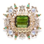 ANTIQUE TOURMALINE, EMERALD AND DIAMOND BROOCH, 19TH CENTURY in yellow gold and silver, the