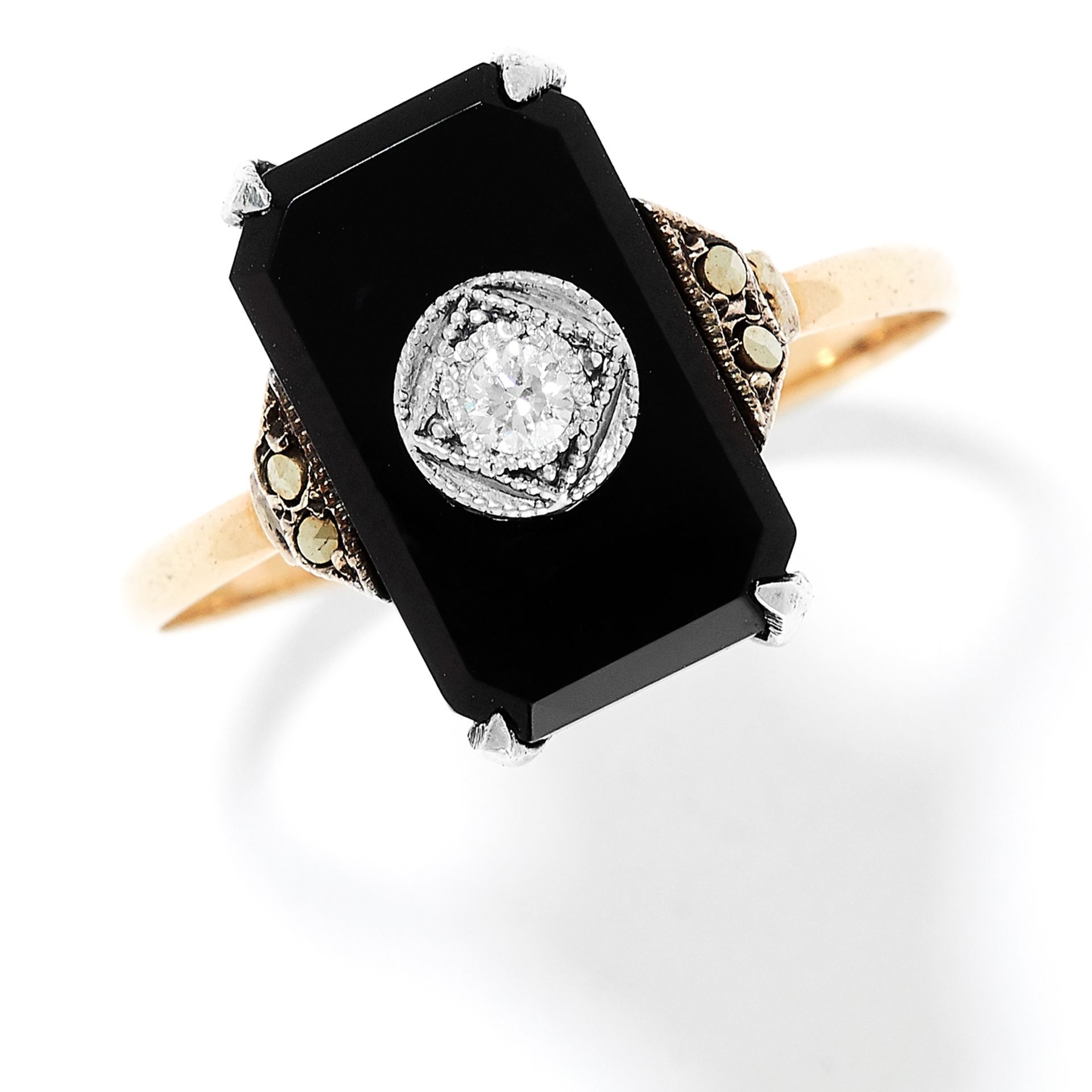 ANTIQUE ART DECO ONYX DIAMOND AND MARCASITE RING in yellow gold, comprising of a polished onyx set