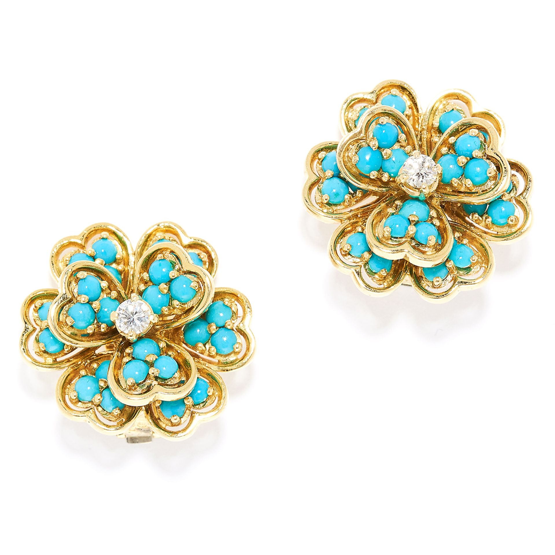 TURQUOISE AND DIAMOND CLIP EARRINGS, BEN ROSENFELD 1963 in 18ct yellow gold, each designed as a