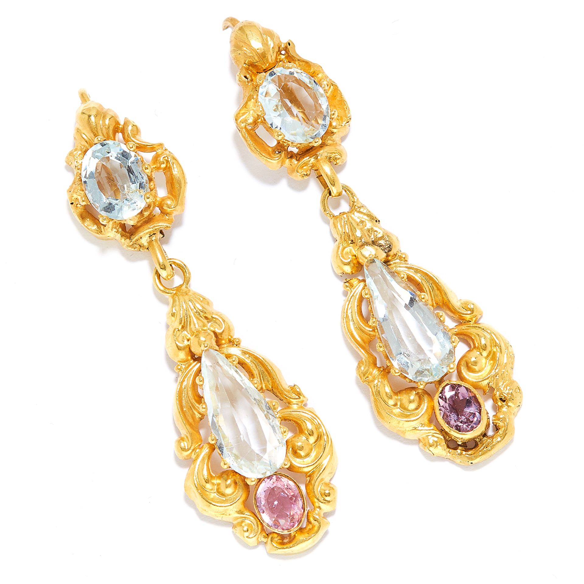 ANTIQUE AQUAMARINE AND PINK TOPAZ EARRINGS in high carat yellow gold, each set with an oval and pear