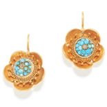 ANTIQUE TURQUOISE AND DIAMOND EARRINGS, 19TH CENTURY in high carat yellow gold, the floral designs