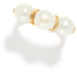 PEARL DRESS RING in yellow gold, set with three pearls, unmarked, size N / 6.5, 8.9g.