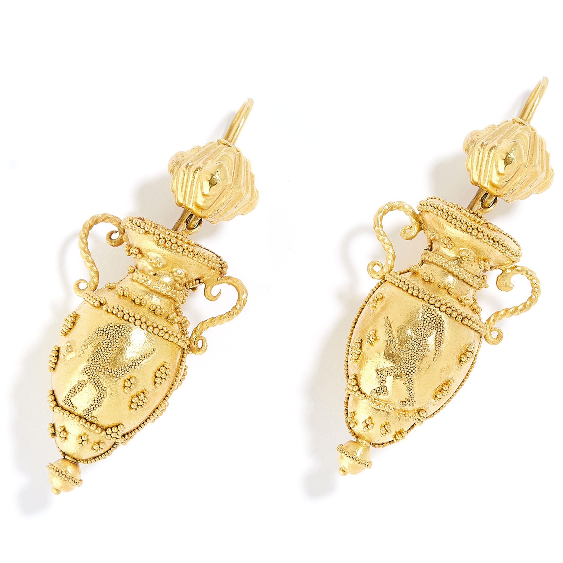 ANTIQUE ETRUSCAN REVIVAL URN EARRINGS in high carat yellow gold, each in form of an urn decorated in