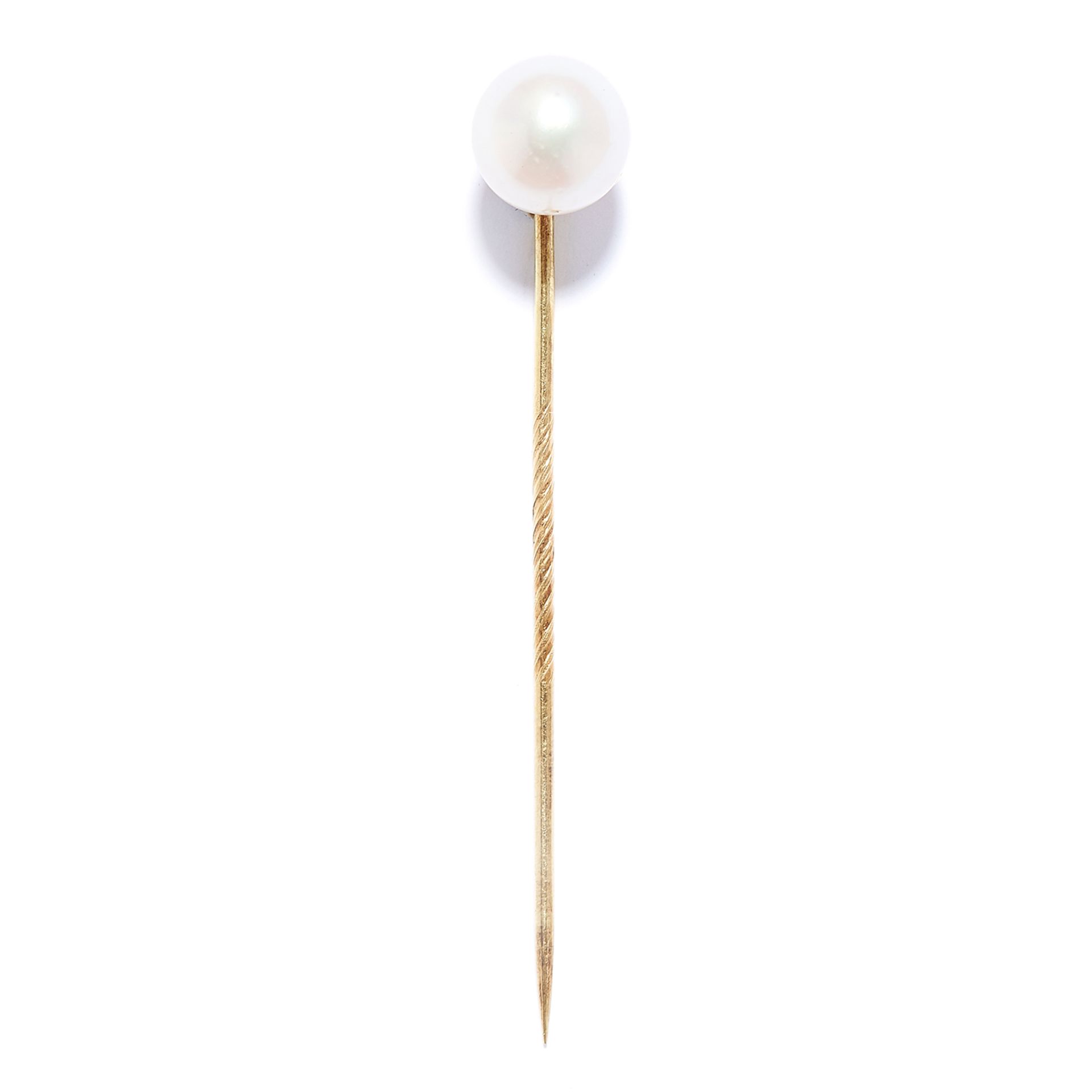 ANTIQUE PEARL TIE PIN in yellow gold, set with a single pearl, unmarked, 4.8cm, 1.3g.