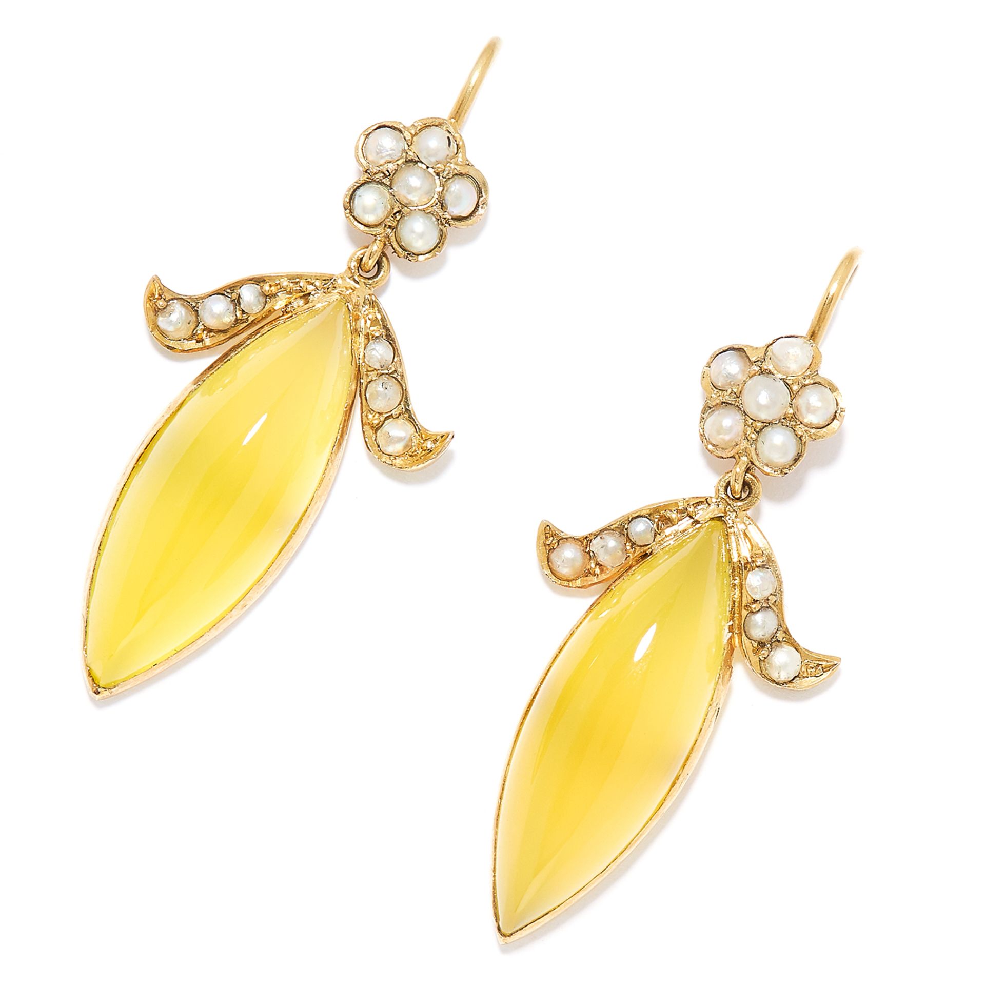 PEARL AND YELLOW GEMSTONE EARRINGS in yellow gold, in foliate and ribbon motif set with seed