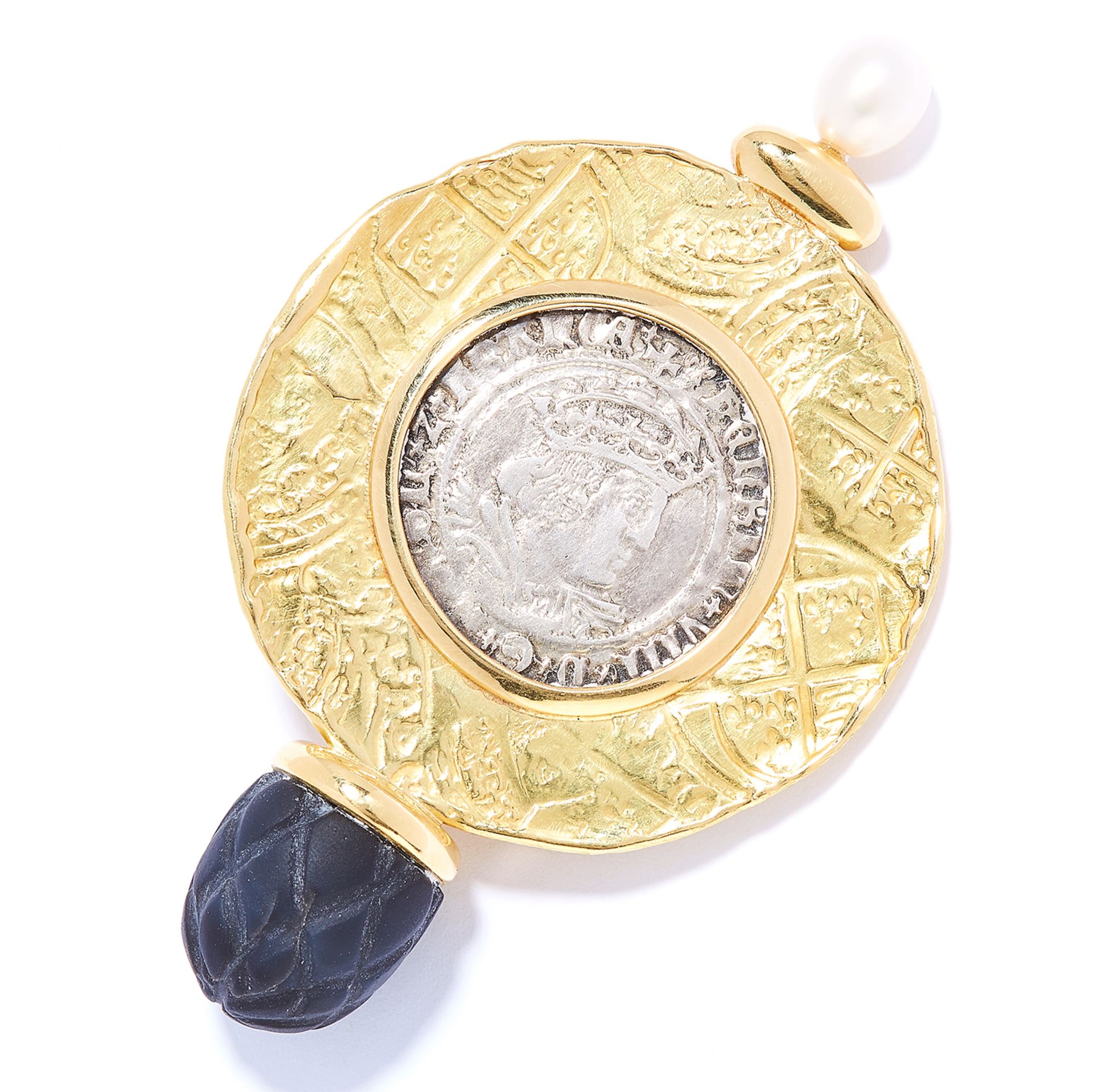 TUDOR COIN, PEARL AND BLACK HARDSTONE BROOCH, ELIZABETH GAGE, 1993 in 18ct yellow gold, comprising