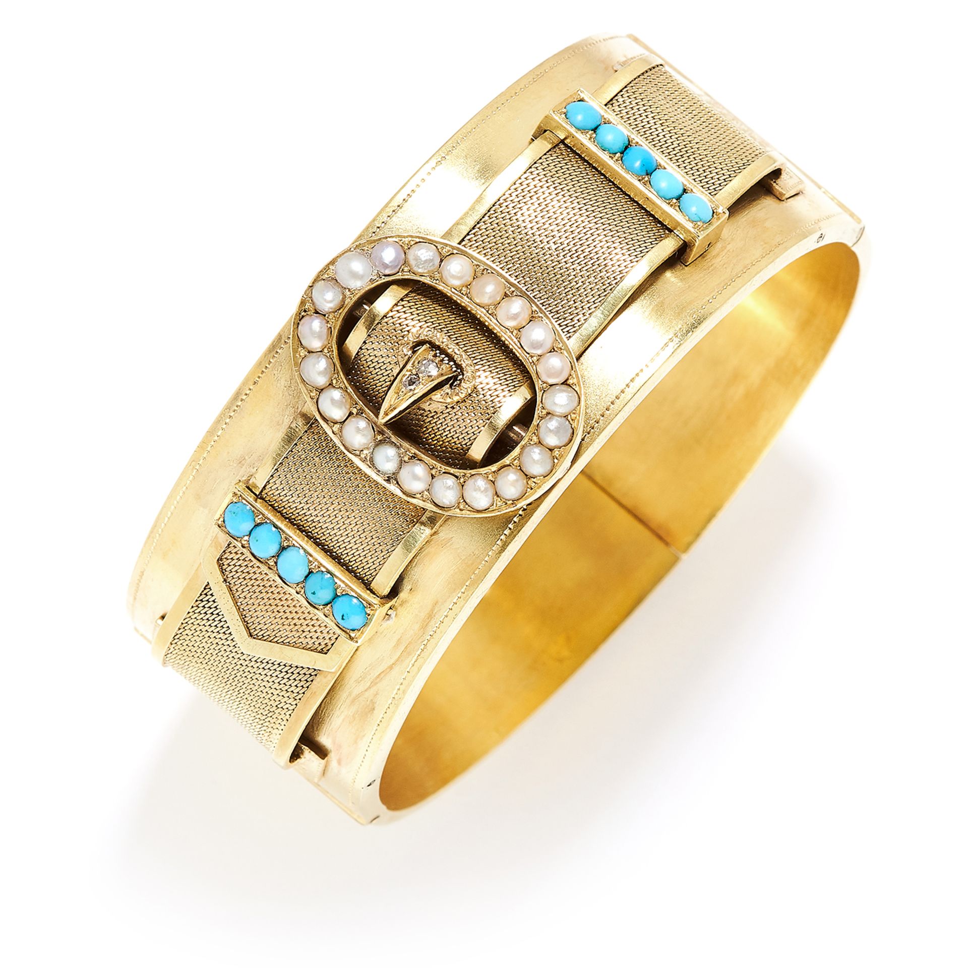 ANTIQUE PEARL, TURQUOISE AND DIAMOND BANGLE in high carat yellow gold, in buckle motif set with