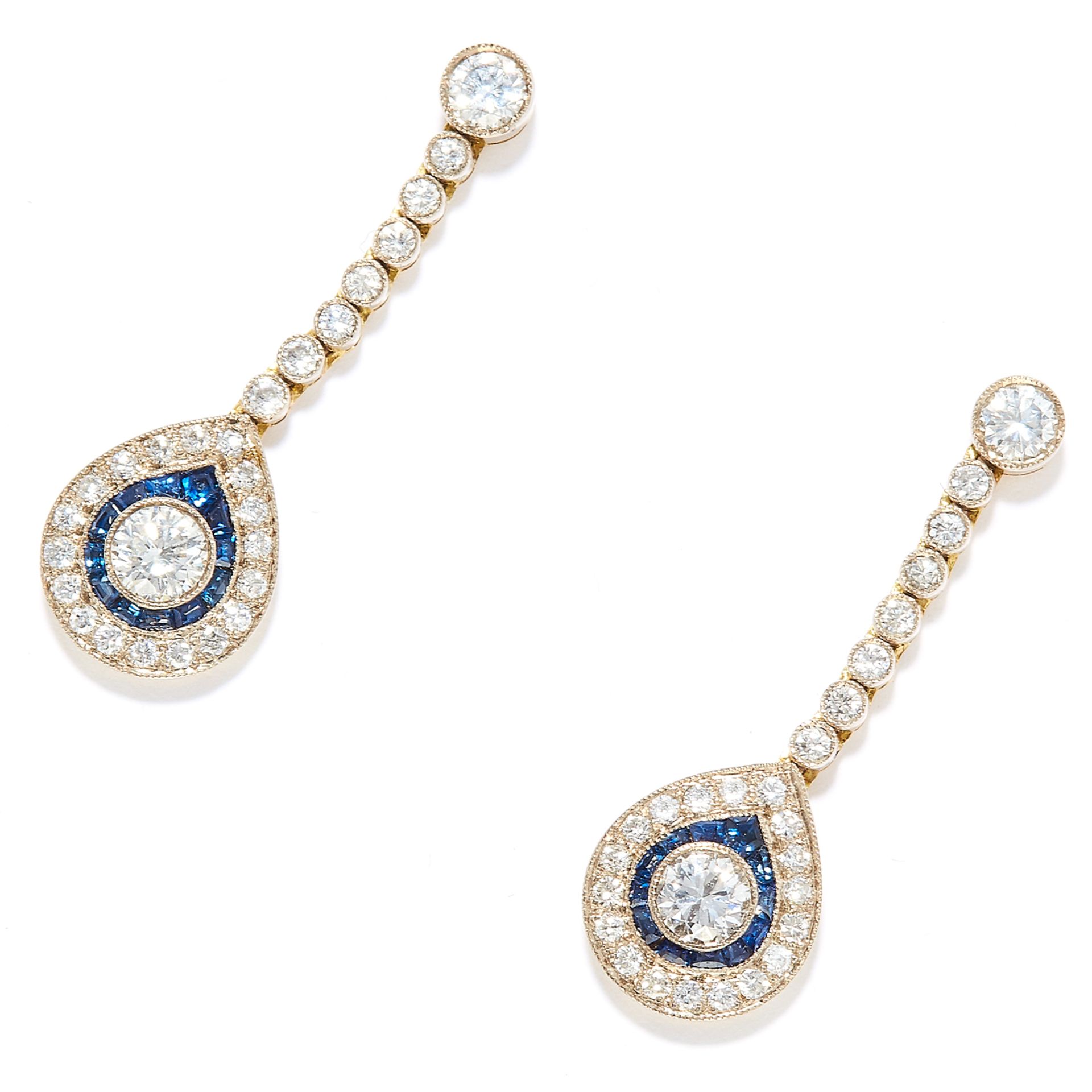 DIAMOND AND SAPPHIRE EARRINGS in yellow gold, each comprising of round cut diamonds totalling