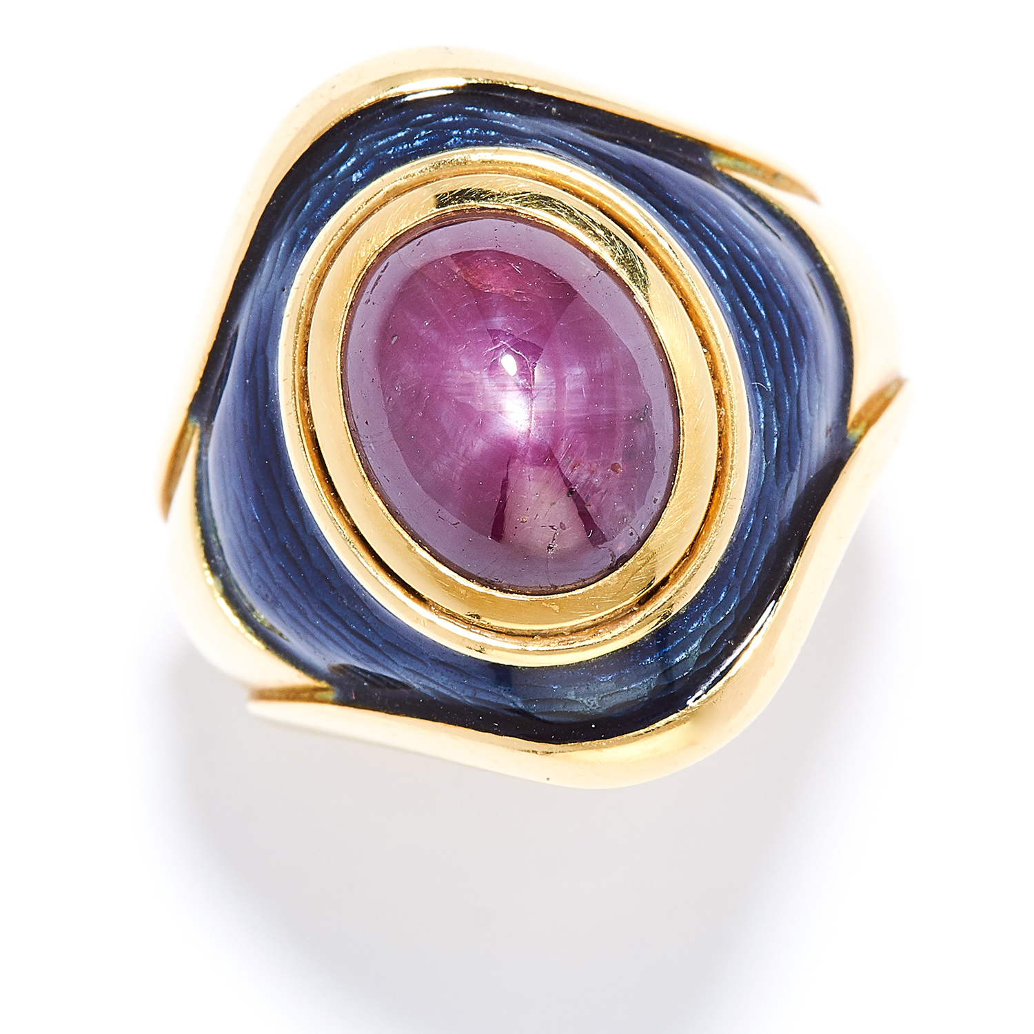 RUBY AND ENAMEL DRESS RING, DE VROOMEN in 18ct yellow gold, set with a cabochon star ruby in a