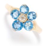 AQUAMARINE AND DIAMOND CLUSTER RING in high carat yellow gold, designed as a flower motif, the