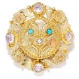 ANTIQUE JEWELLED TURQUOISE HAIRWORK MOURNING BROOCH in high carat yellow gold, set with turquoise