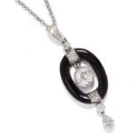 0.65 CARAT DIAMOND AND ONYX PENDANT in 18ct white gold or platinum, in Art Deco style set with