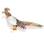 ANTIQUE PEARL, RUBY, EMERALD AND DIAMOND NOVELTY BIRD BROOCH in yellow gold, depicting a bird set