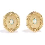 OPAL EARRINGS in yellow gold, each set with a cabochon opal in reeded gold border, 2.5cm, 22.3g.