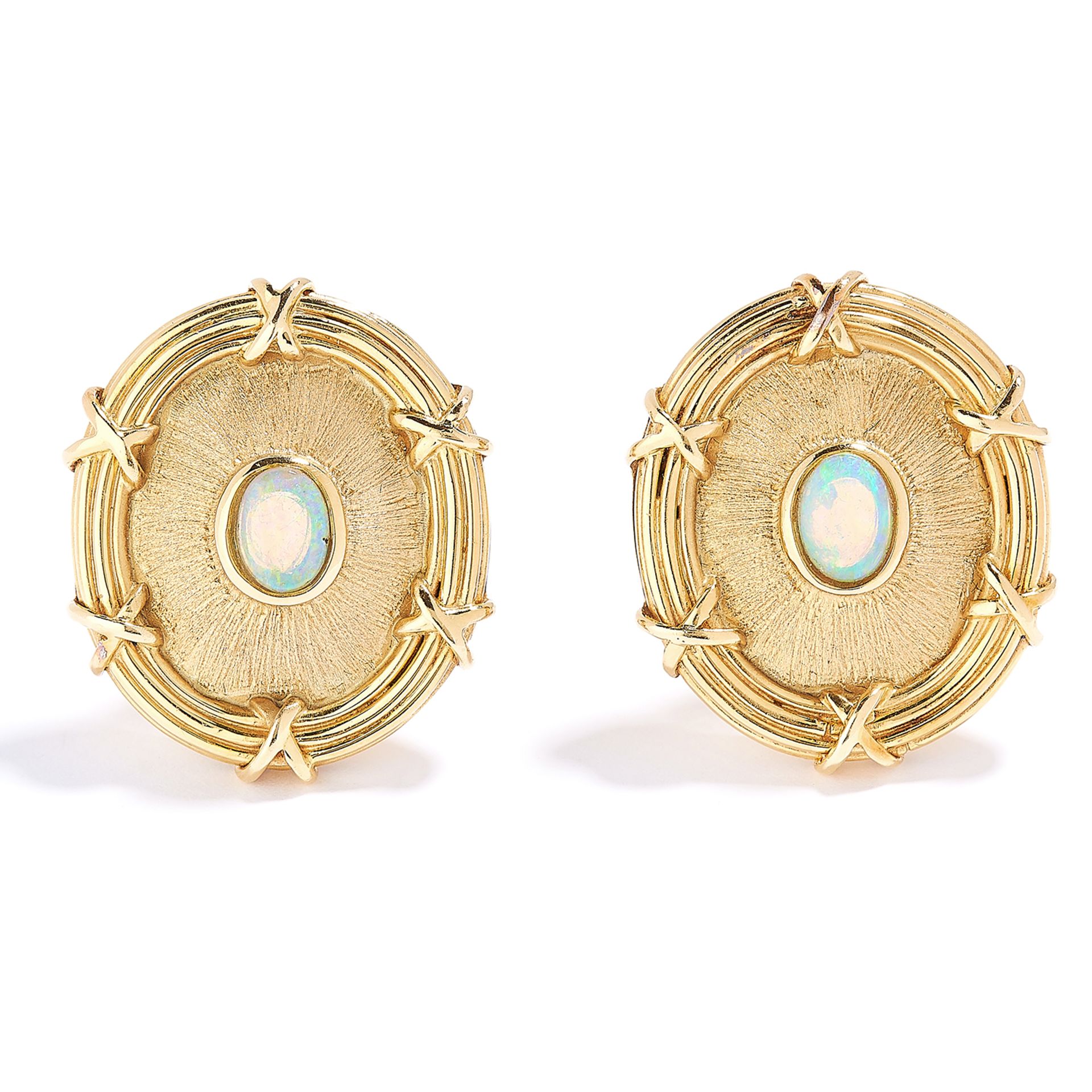 OPAL EARRINGS in yellow gold, each set with a cabochon opal in reeded gold border, 2.5cm, 22.3g.