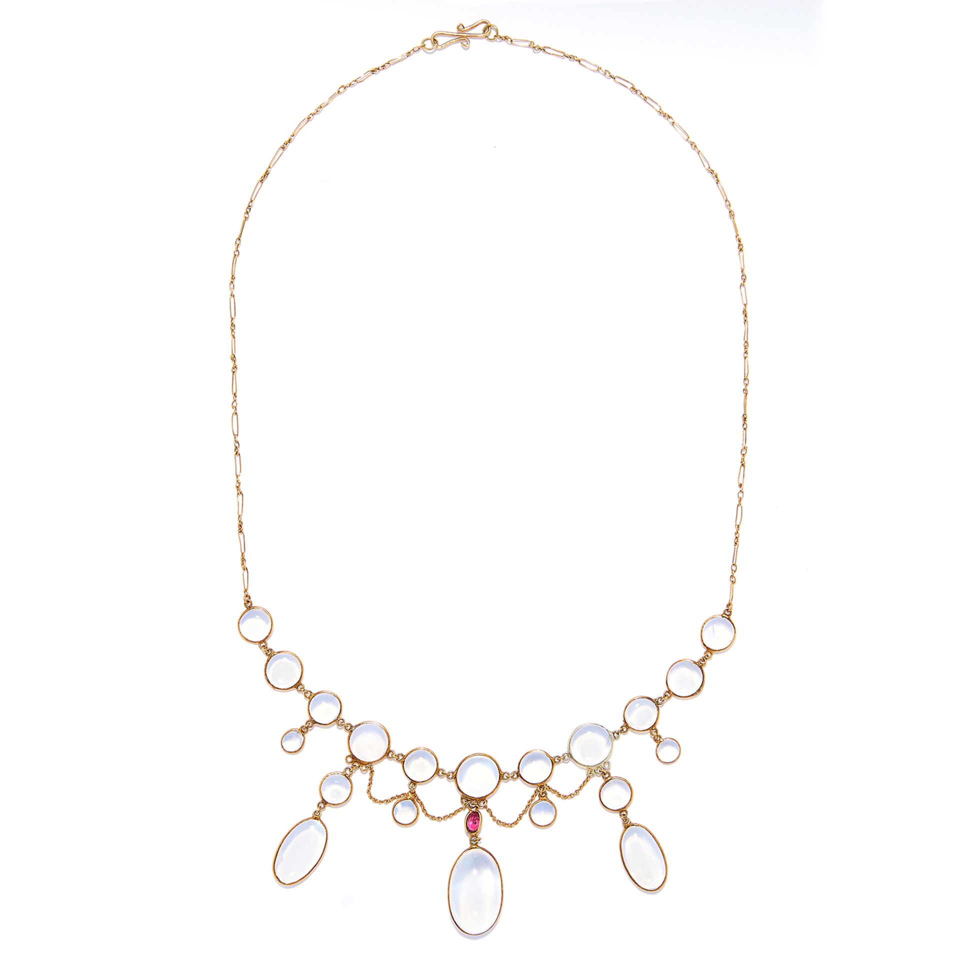 MOONSTONE AND RUBY NECKLACE in yellow gold, comprising of cabochon moonstone and an oval cut ruby,