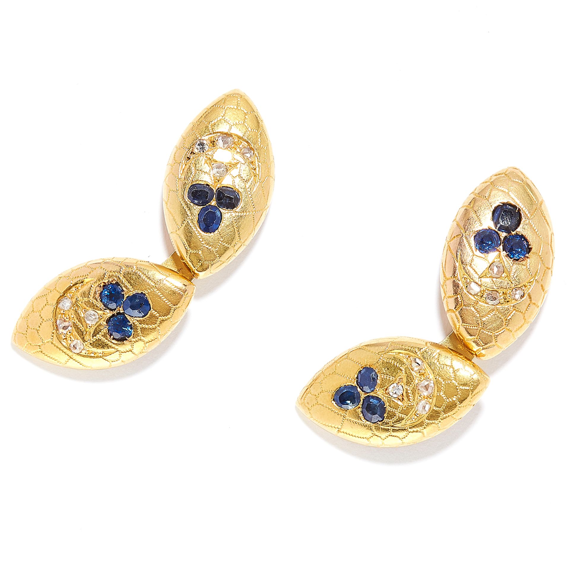 ANTIQUE SAPPHIRE AND DIAMOND CUFFLINKS in high carat yellow gold, each formed of two marquise face