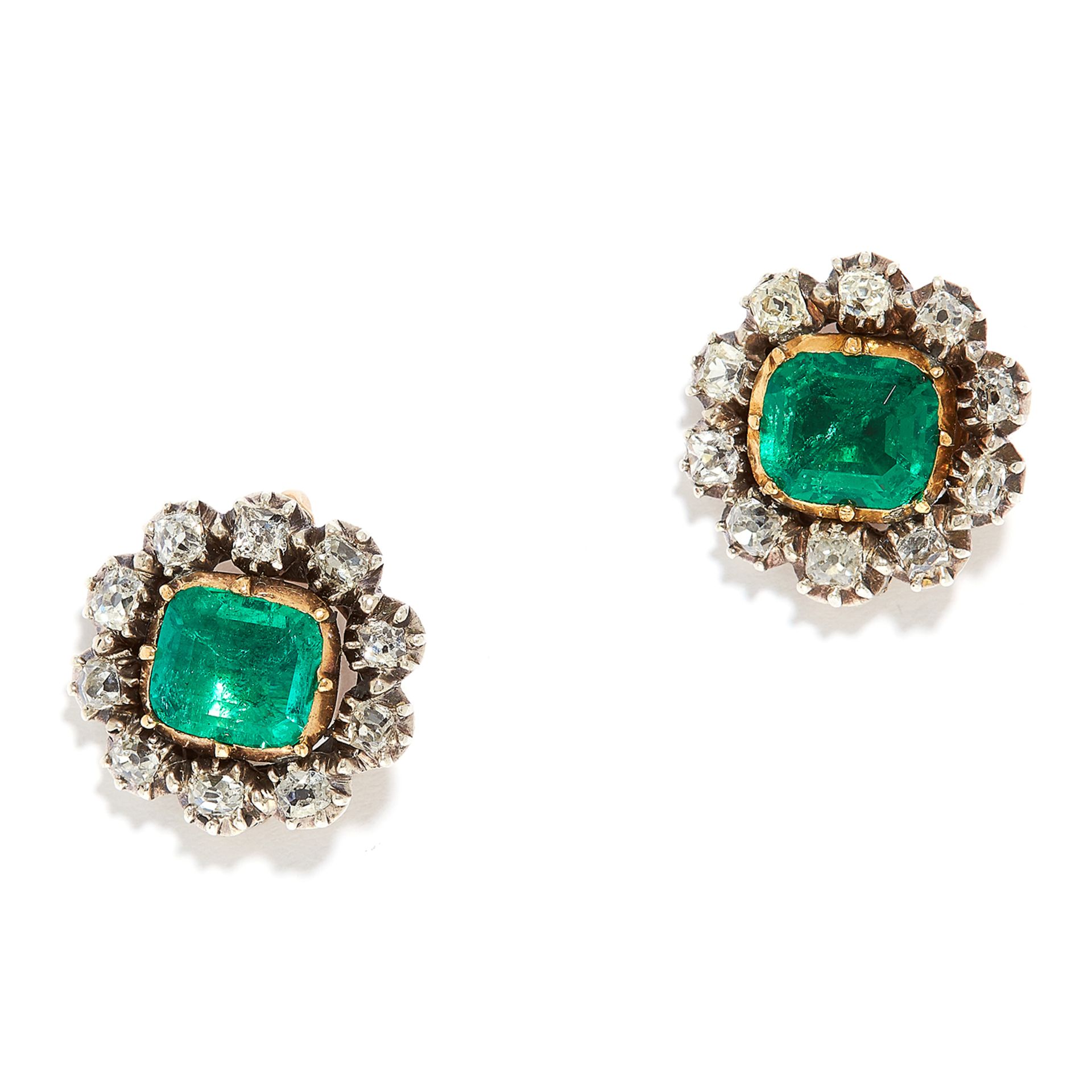 ANTIQUE EMERALD AND DIAMOND CLUSTER EARRINGS in 18ct yellow gold, each set with an emerald cut